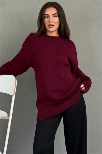 Bordo Bisiklet Yaka Oversize Uzun Kadın Triko Kazak MG2890