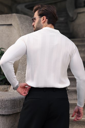Beyaz Regular Fit Polo Yaka Triko Erkek Kazak E7509