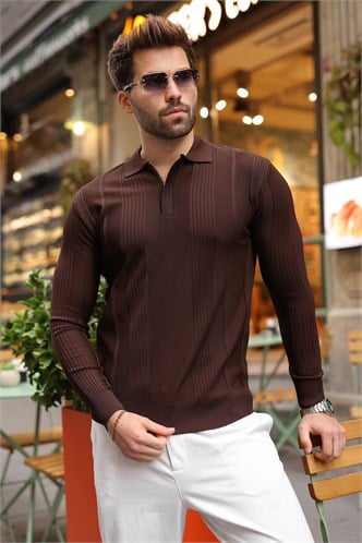 Kahverengi Polo Yaka Slim Fit Erkek Triko Kazak E7527