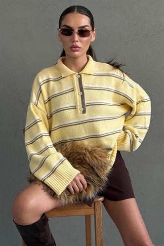Madmext Sarı Çizgili Düğmeli Polo Yaka Kazak Mg2357