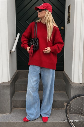 Kırmızı Bisiklet Yaka Oversize Uzun Kadın Triko Kazak MG2890