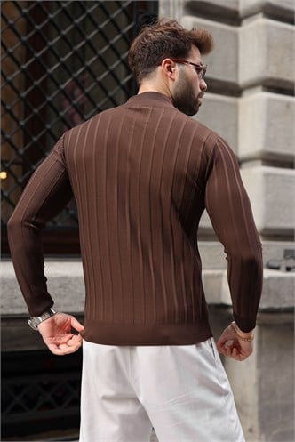 Kahverengi Slim Fit Hakim Yaka Fermuarlı Erkek Triko Kazak E7518  