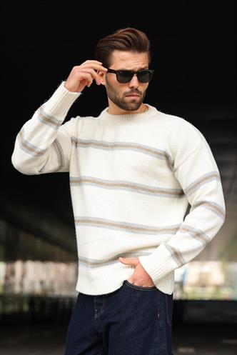 Kemik Rengi Çizgili Triko Erkek Kazak E7457