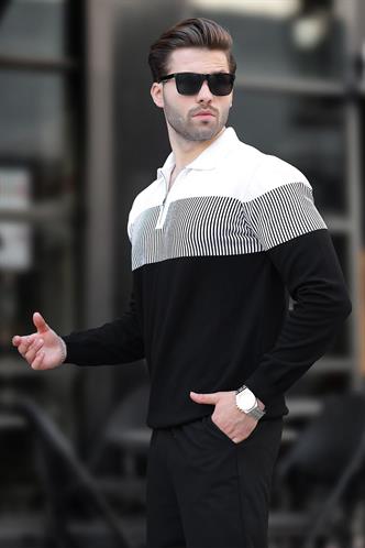 Siyah Fermuar Yaka Renk Bloklu Uzun Kollu Kazak 7262