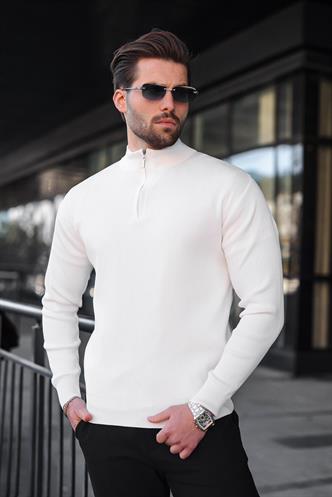 Beyaz Yarım Fermuarlı Dik Yaka Erkek Triko Kazak 7442