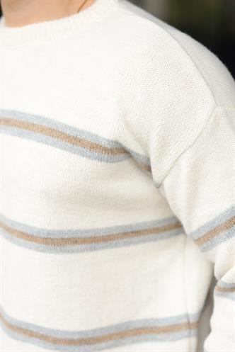 Kemik Rengi Çizgili Triko Erkek Kazak E7457