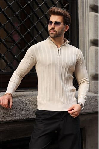 Taş Rengi Slim Fit Hakim Yaka Fermuarlı Erkek Triko Kazak E7518  