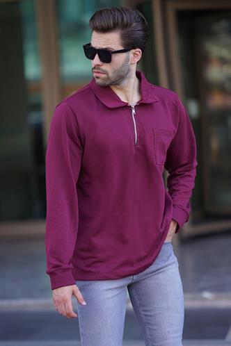 Bordo Polo Yaka Fermuarlı Uzun Kollu Erkek Sweatshirt 7057