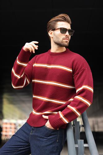 Bordo Çizgili Triko Erkek Kazak E7457