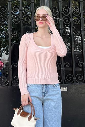 Pudra Bisiklet Yaka Basic Örme Kazak MG2189