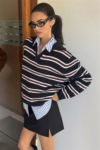 Siyah Polo Yaka Çizgili Kadın Triko Kazak Mg2469