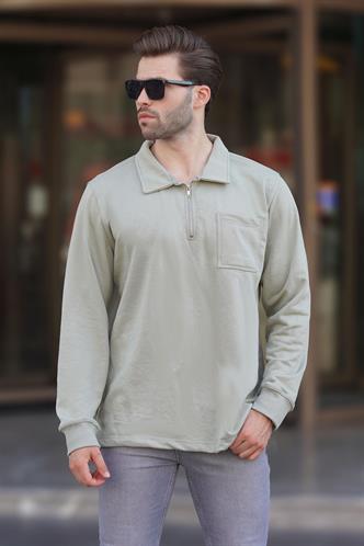 Mint Yeşili Polo Yaka Fermuarlı Uzun Kollu Erkek Sweatshirt 7057