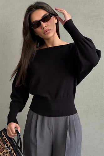 Siyah Ribbed Asimetrik Kesimli Kadın Kazak MG2744