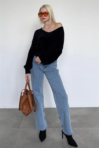 Siyah V Yaka Yumuşak Dokulu Kadın Kazak Mg2499