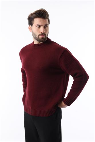 Bordo Bisiklet Yaka Overfit Erkek Triko Kazak E7402