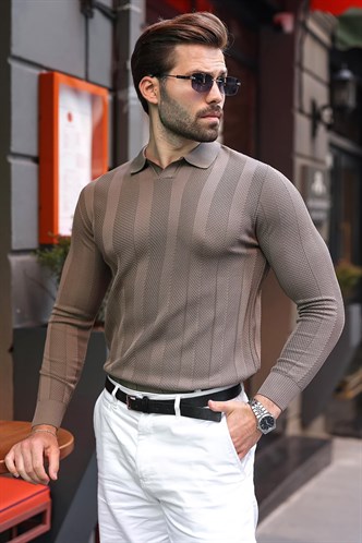 Açık Kahverengi Regular Fit Polo Yaka Triko Erkek Kazak E7509