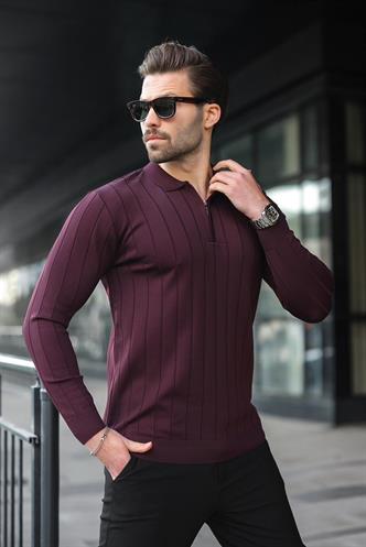 Bordo Polo Yaka Fermuarlı Örme Kazak 7242