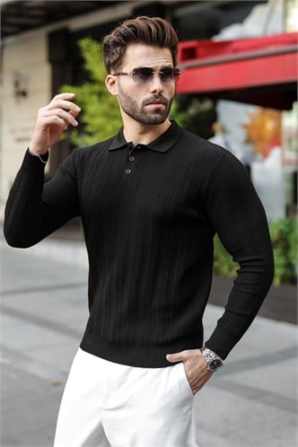 Siyah Düğmeli Polo Yaka Desenli Over Fit Erkek Triko Kazak E7520