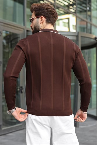 Kahverengi Polo Yaka Yarım Fermuarlı Fitilli Erkek Triko Kazak E7515