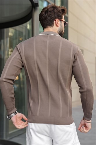 Açık Kahverengi Polo Yaka Yarım Fermuarlı Fitilli Erkek Triko Kazak E7515