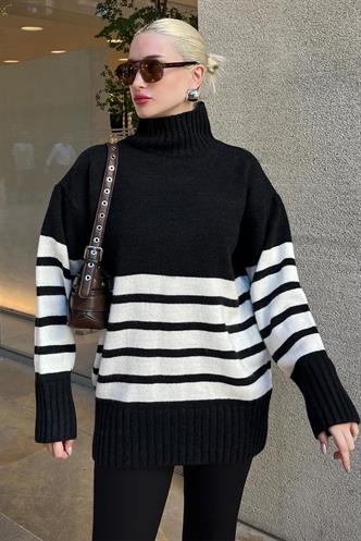 Siyah Oversize Balıkçı Yaka Çizgili Kazak MG2168