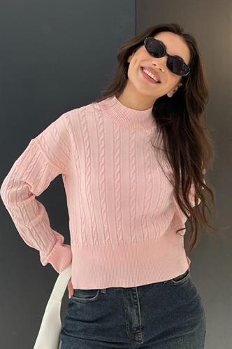 Pembe Yarım Balıkçı Yaka Örgülü Triko Kadın Kazak MG2257