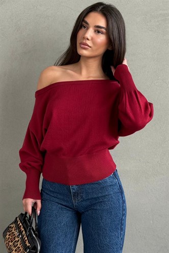 Kırmızı Ribbed Asimetrik Kesimli Kadın Kazak MG2744