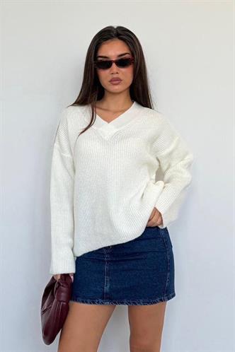 Ekru V Yaka Triko Kadın Kazak Mg2501