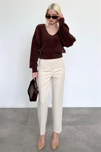 Kahverengi V Yaka Yumuşak Dokulu Kadın Kazak Mg2499