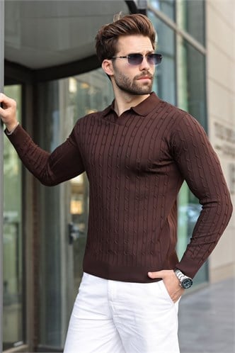 Kahverengi Polo Yaka Saç Örgü Desenli Erkek Triko Kazak E7519