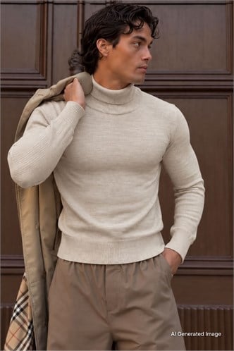 Madmext Men Turtleneck Beige Sweater 4656