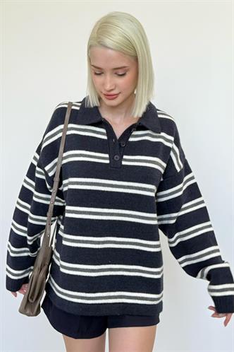 Lacivert Polo Yaka Çizgili Kadın Triko Kazak Mg2469