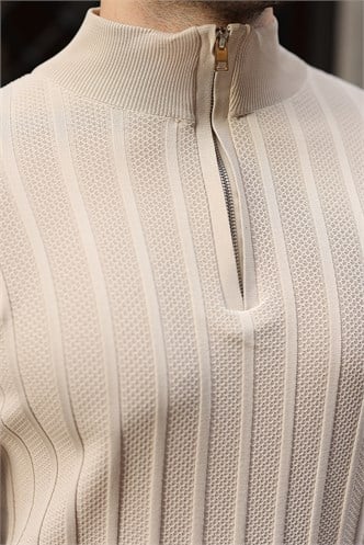 Taş Rengi Slim Fit Hakim Yaka Fermuarlı Erkek Triko Kazak E7518  