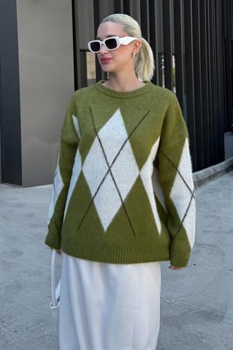 Yağ Yeşili Bisiklet Yaka Geometrik Desen Kadın Kazak Mg2471