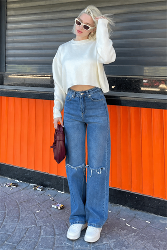 Krem Bisiklet Yaka Crop Kadın Kazak MG2166