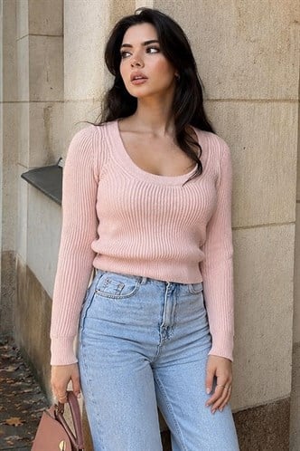 Pudra Bisiklet Yaka Basic Örme Kazak MG2189