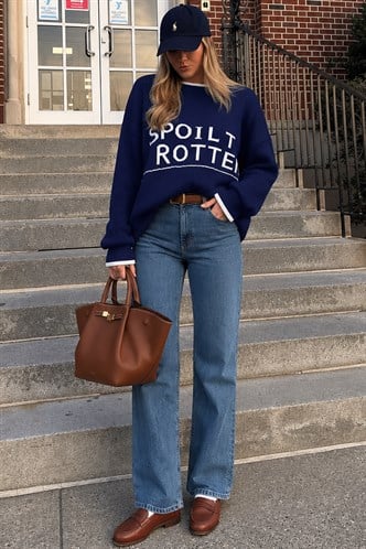 Saks Yazılı Oversize Bisiklet Yaka  Kadın Kazak MG1596