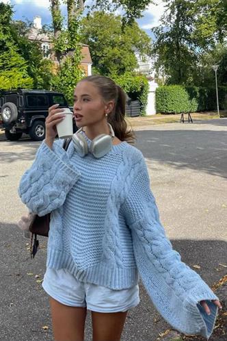 Bebe Mavisi Bisiklet Yaka Örgü Desen Kadın Triko Kazak MG2601