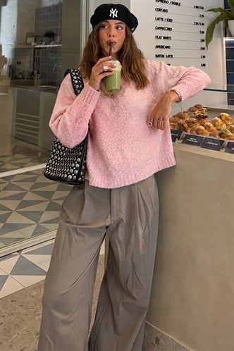 Pembe Bisiklet Yaka Kadın Buklet Kazak Mg2480