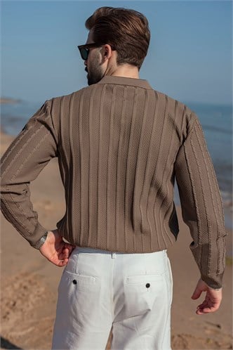 Açık Kahverengi Polo Yaka Örgü Desenli Triko Erkek Kazak E7507