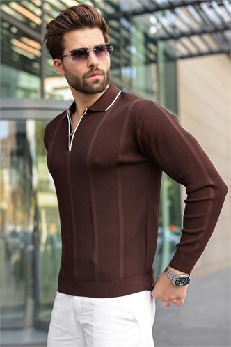 Kahverengi Polo Yaka Yarım Fermuarlı Fitilli Erkek Triko Kazak E7515