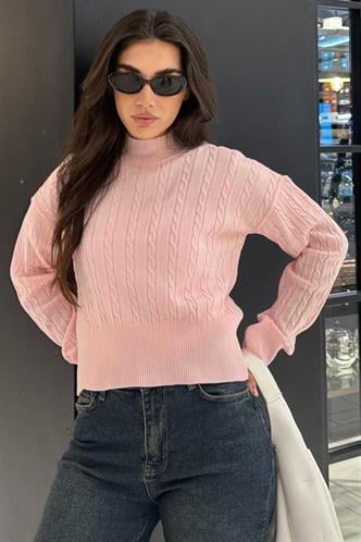 Pembe Yarım Balıkçı Yaka Örgülü Triko Kadın Kazak MG2257