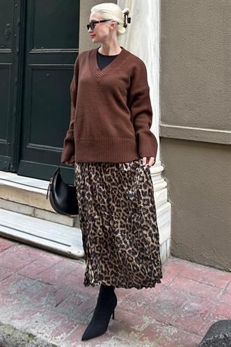 Kahverengi V Yaka Oversize Kadın Triko Kazak MG2149