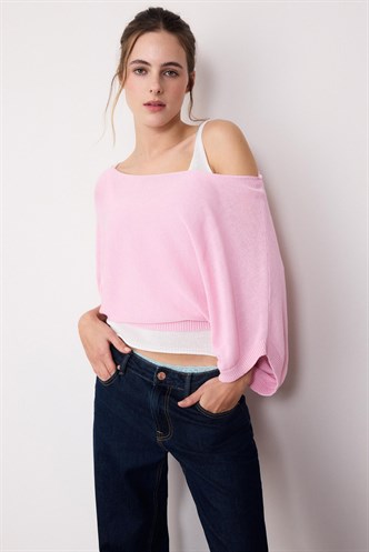 Pembe Geniş Yaka Çift Katlı Triko Kazak Mg2780