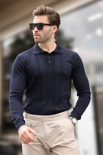 Lacivert Polo Yaka Çizgili Erkek Triko Kazak 7265