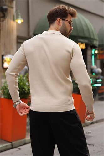 Taş Rengi Çıt Kapamalı Polo Yaka Erkek Triko Kazak E7514