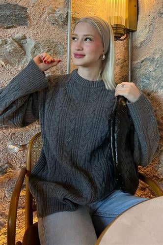 Antrasit Bisiklet Yaka Örme Triko Kazak MG2009