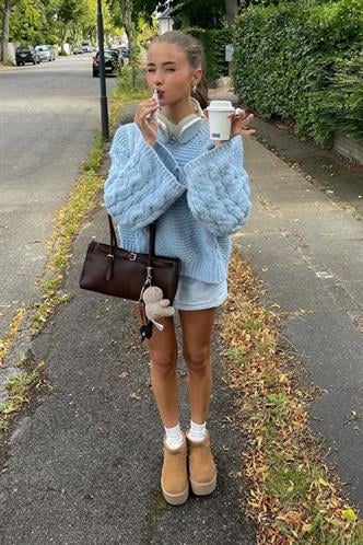 Bebe Mavisi Bisiklet Yaka Örgü Desen Kadın Triko Kazak MG2601