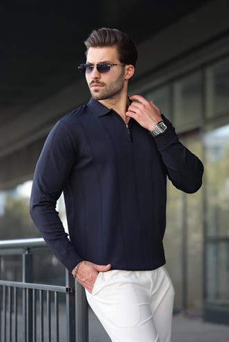 Lacivert Polo Yaka Fermuarlı Erkek Kazak E7427