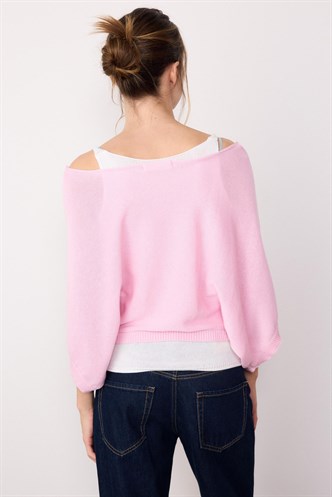 Pembe Geniş Yaka Çift Katlı Triko Kazak Mg2780